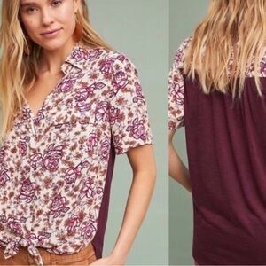 Anthropologie Porridge Bergen button front rose floral print top blouse M